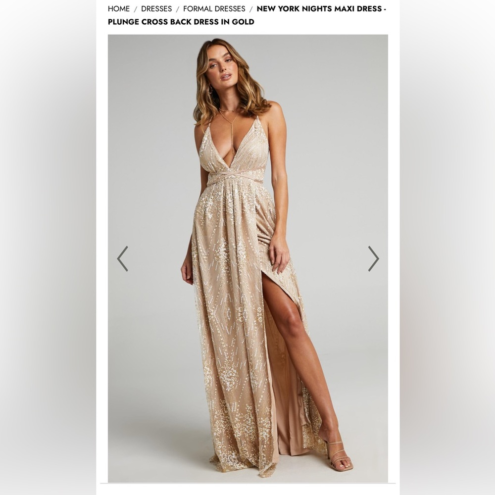 New York Nights Plunge Cross Back Maxi Dress- Gold
